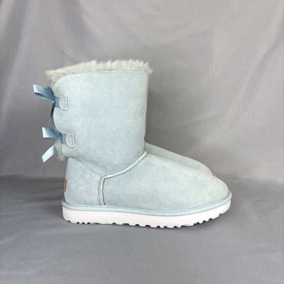 Womens 8 Ugg Boots Bailey Bow Ether Baby Blue Suede Sheepskin Coquette Very Rare - Picture 12 of 16